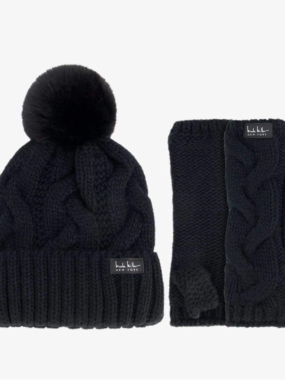 Nicole Miller Black Cable Knit Pom Beanie & Scarf Set
